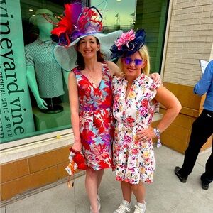 Beautiful jacquard dress with large statement piece floral hat.  Derby time!